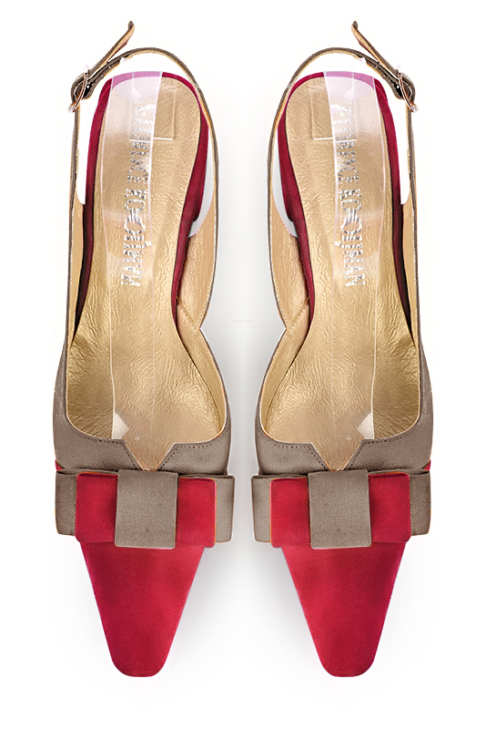 Cardinal red and taupe brown women's open back shoes, with a knot. Tapered toe. Low kitten heels. Top view - Florence KOOIJMAN